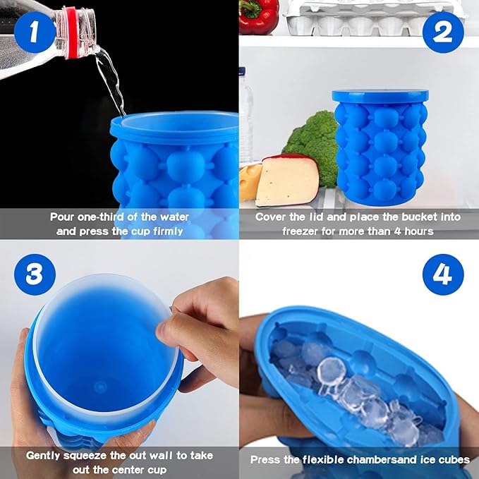 Ice Cube Mold, Silicone Ice Bucket Ice Cup with Lid (2 in 1)